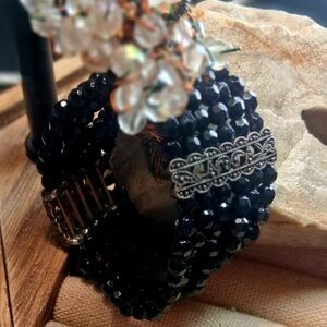 Black Faceted Bead Stretch Bracelet with Silver Filigree Accent